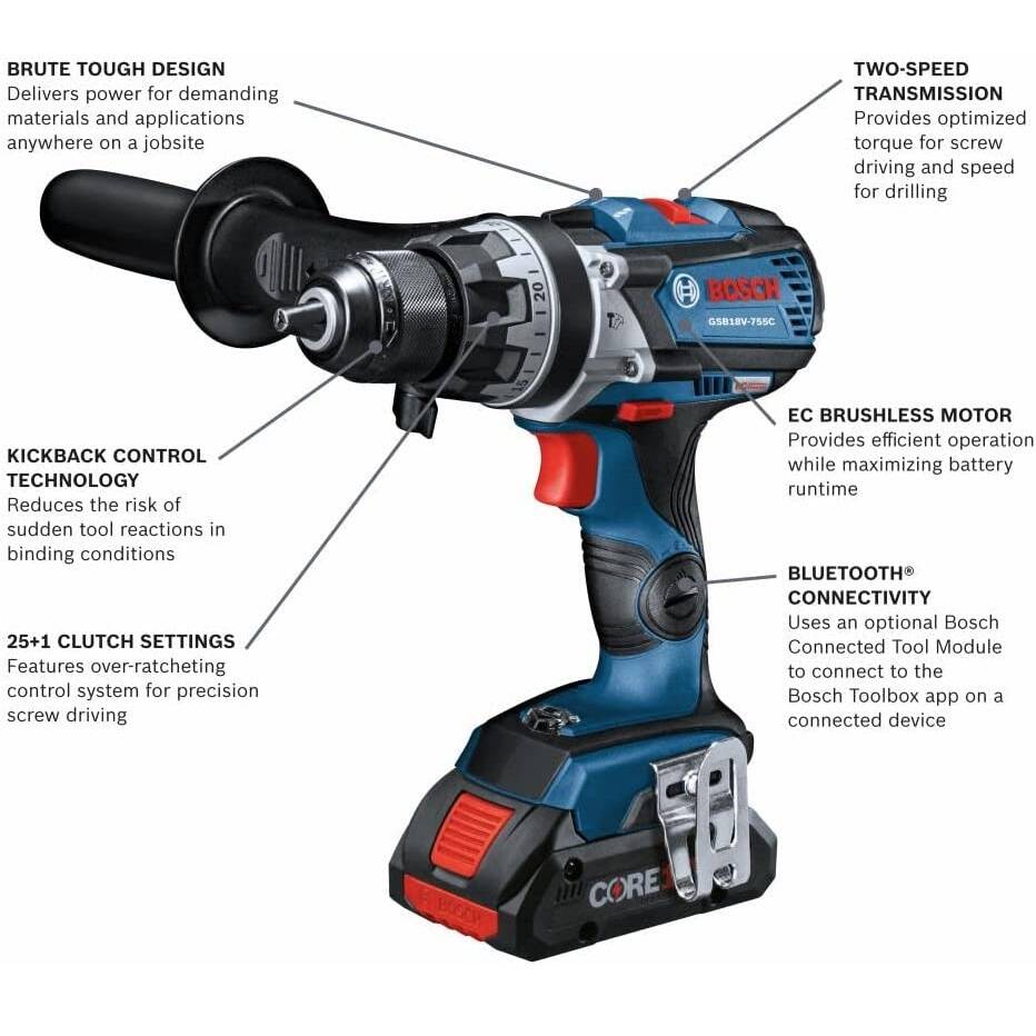 BOSCH GSB18V-755CB25 18V Brute Tough Hammer Drill w/ 2 4.0Ah Core Compact Batteries - GSB18V-755CB25 VM Hardware
