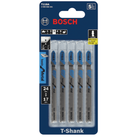 BOSCH T118A 5 pc. 3-5/8 In. 17-24 TPI Basic for Metal T-Shank Jig Saw Blades VM Hardware