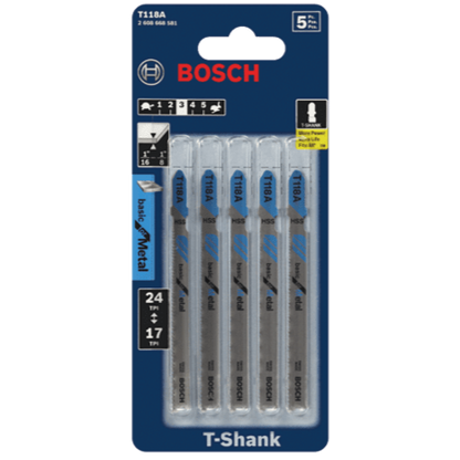 BOSCH T118A 5 pc. 3-5/8 In. 17-24 TPI Basic for Metal T-Shank Jig Saw Blades VM Hardware