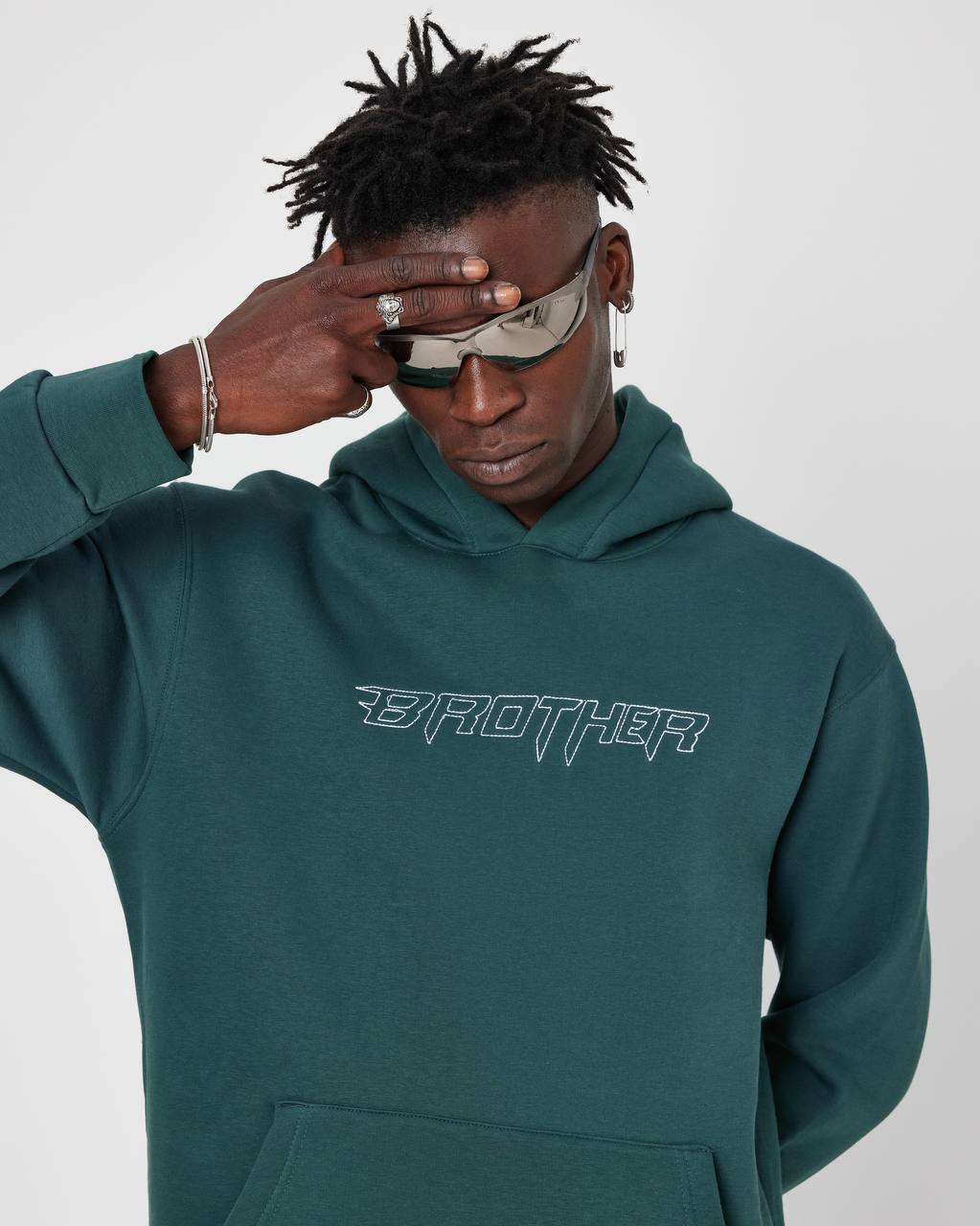 Brother Oversized Hoodie Sweatshirt - Embroidered and Raised Details Withinblack