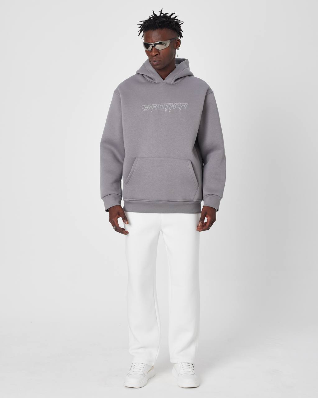 Brother Oversized Hoodie Sweatshirt - Embroidered and Raised Details Withinblack