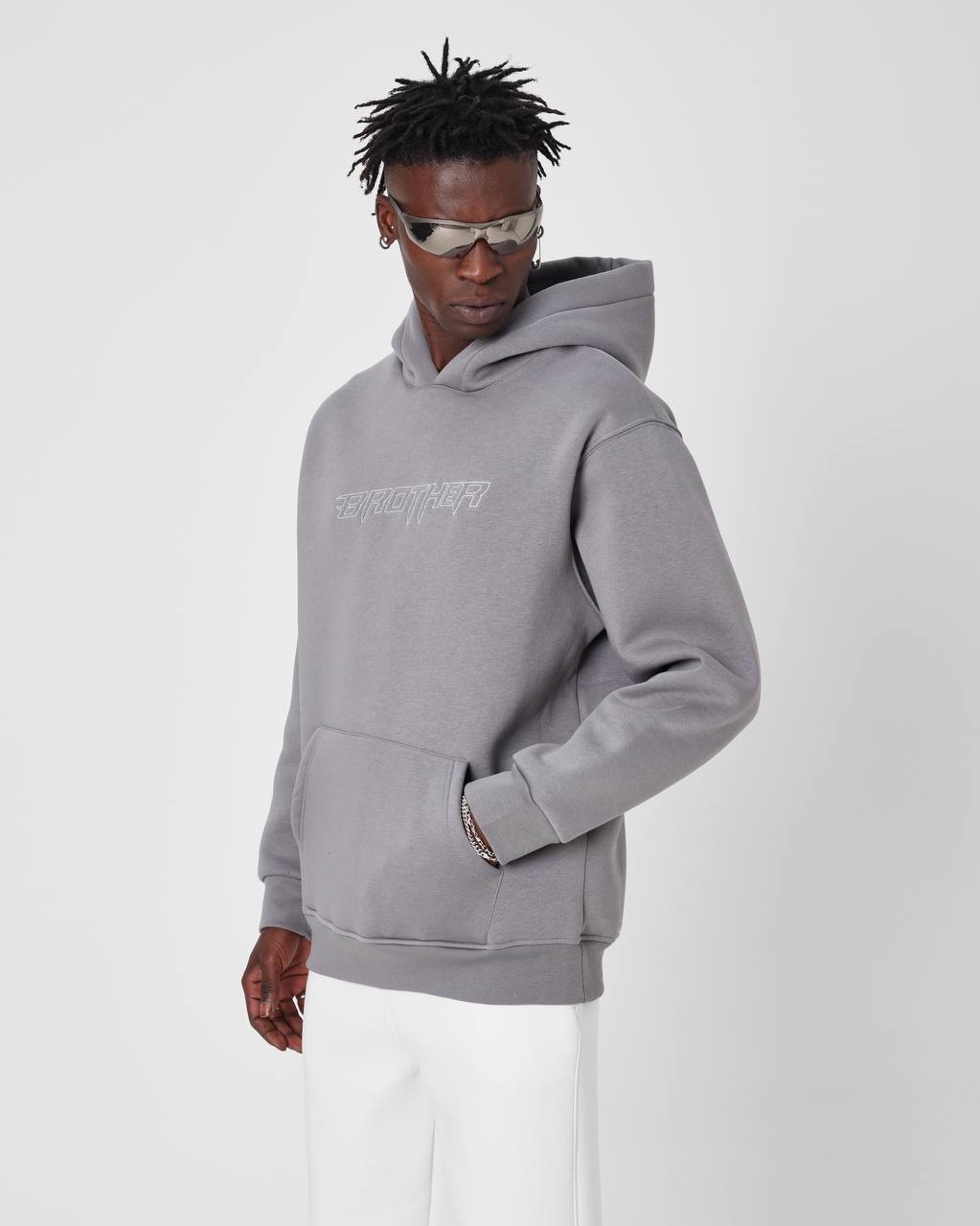 Brother Oversized Hoodie Sweatshirt - Embroidered and Raised Details Withinblack
