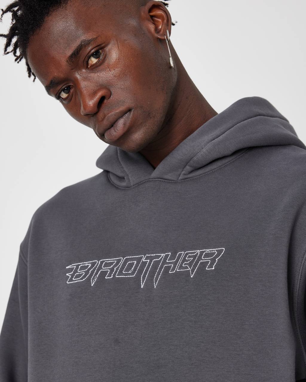 Brother Oversized Hoodie Sweatshirt - Embroidered and Raised Details Withinblack