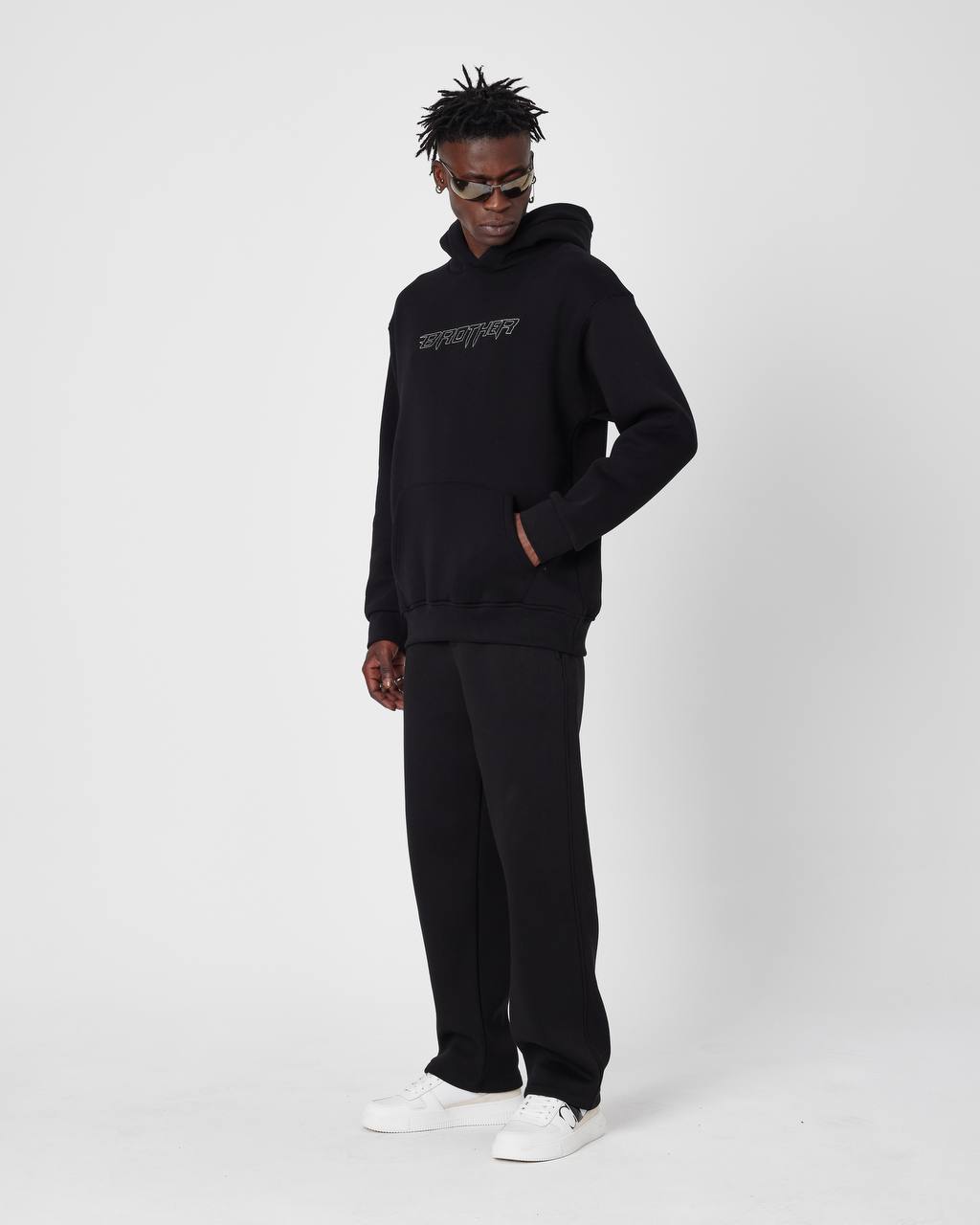 Brother Oversized Hoodie Sweatshirt - Embroidered and Raised Details Withinblack