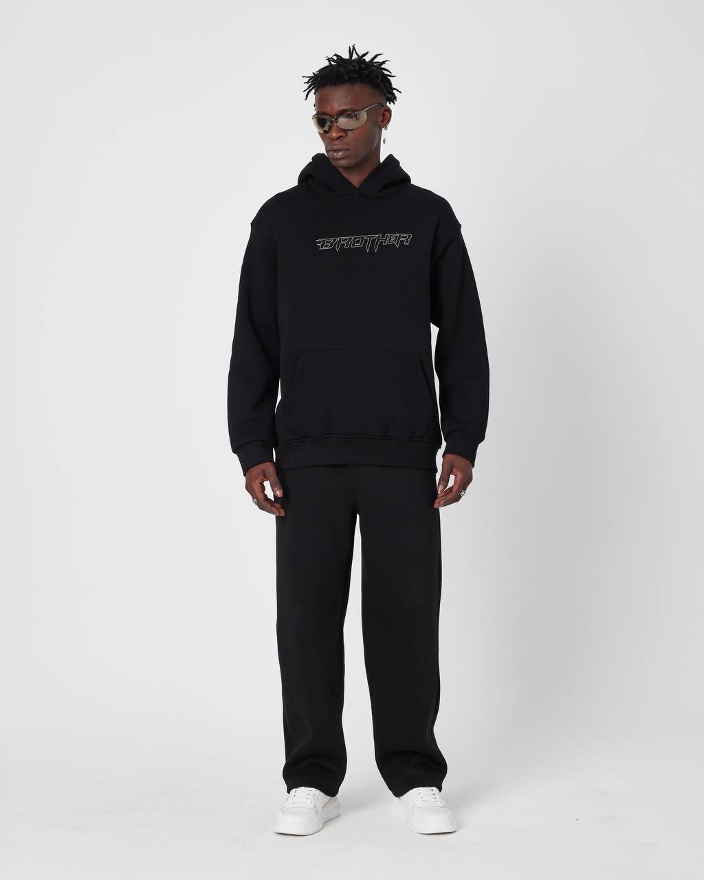 Brother Oversized Hoodie Sweatshirt - Embroidered and Raised Details Withinblack
