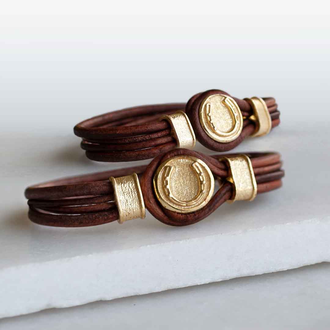 Colton - Horseshoe Dome Laced Equestrian Bracelet Gold or Silver on Brown Urban-Equestrian