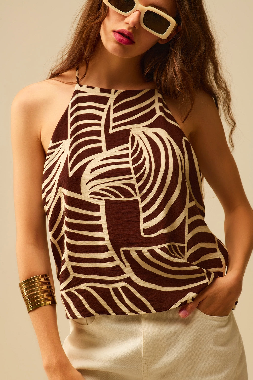 Brown Sleeveless Halter Top with White Leaf Print Q2store