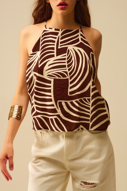 Brown Sleeveless Halter Top with White Leaf Print Q2store