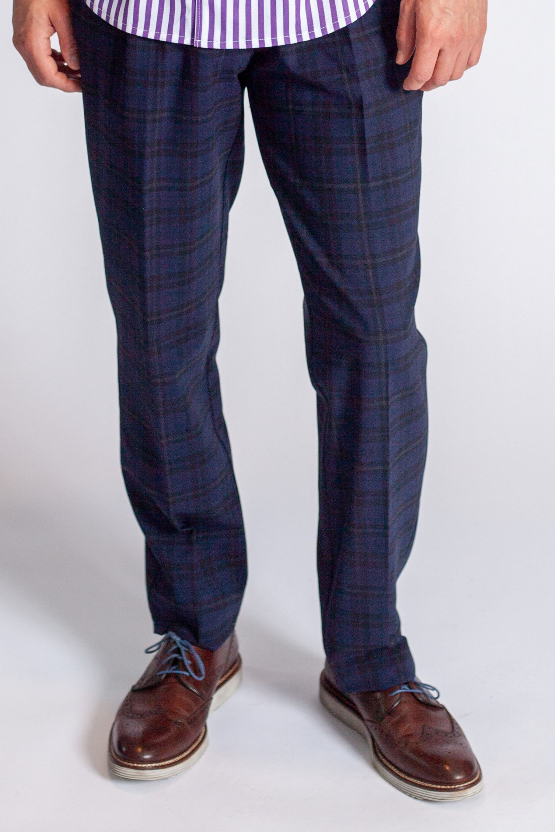Pleated Wool Trouser Pants - Navy Plaid Buki