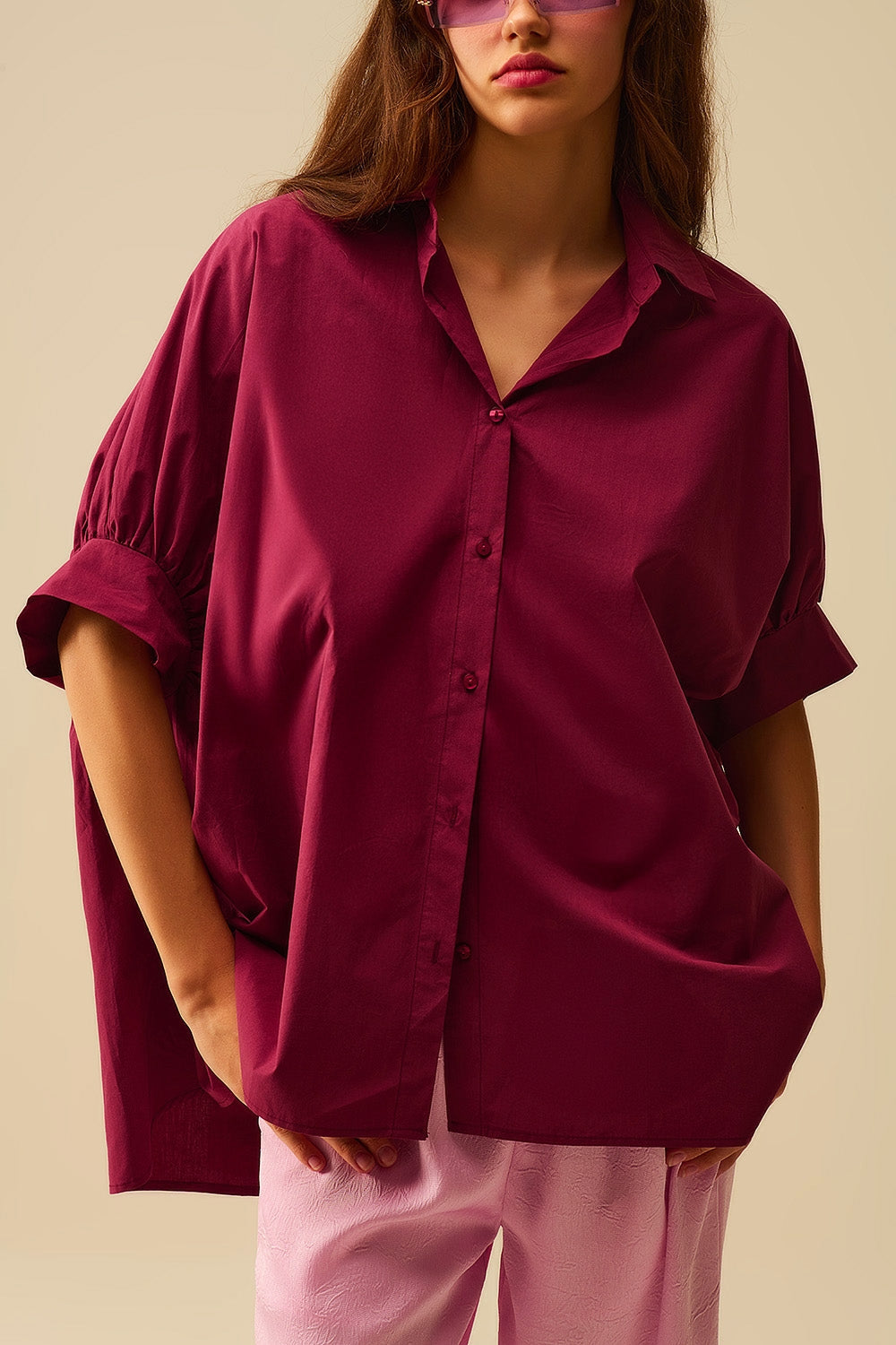 Burgundy Oversized Blouse with Short Sleeve Q2store