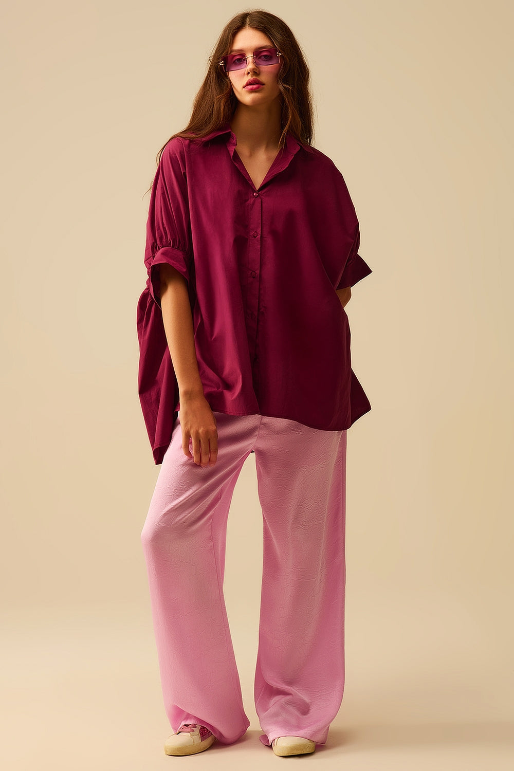 Burgundy Oversized Blouse with Short Sleeve Q2store