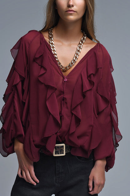 Burgundy V-Neck All Over Ruffle Blouse Q2store