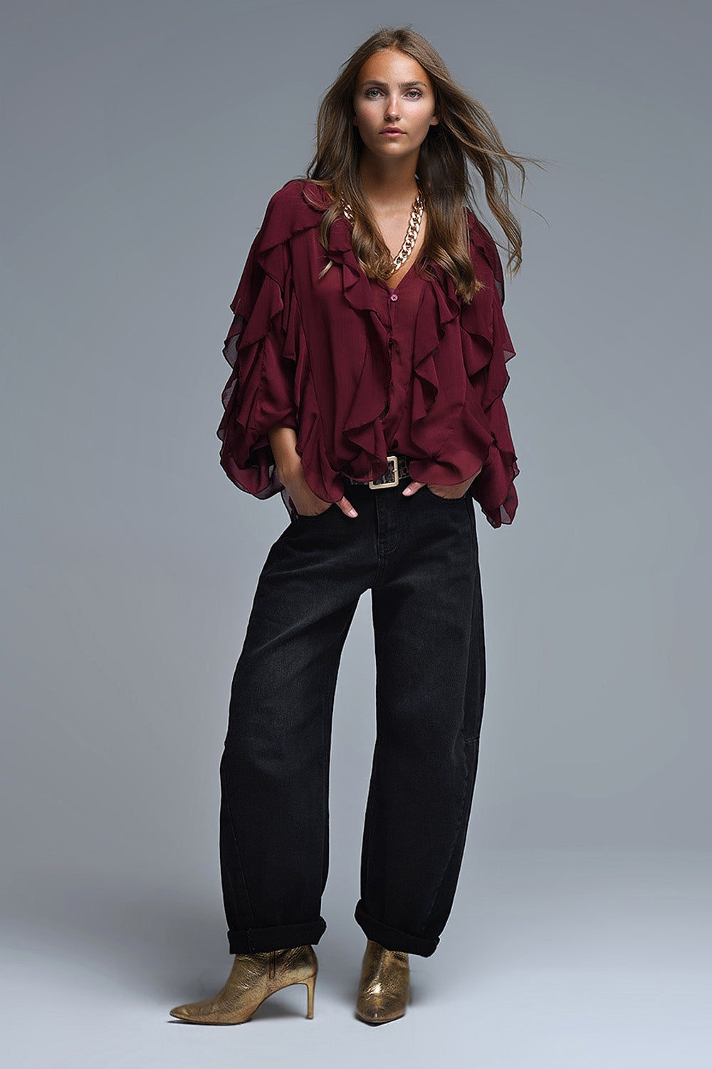 Burgundy V-Neck All Over Ruffle Blouse Q2store