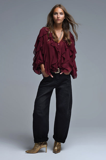 Burgundy V-Neck All Over Ruffle Blouse Q2store