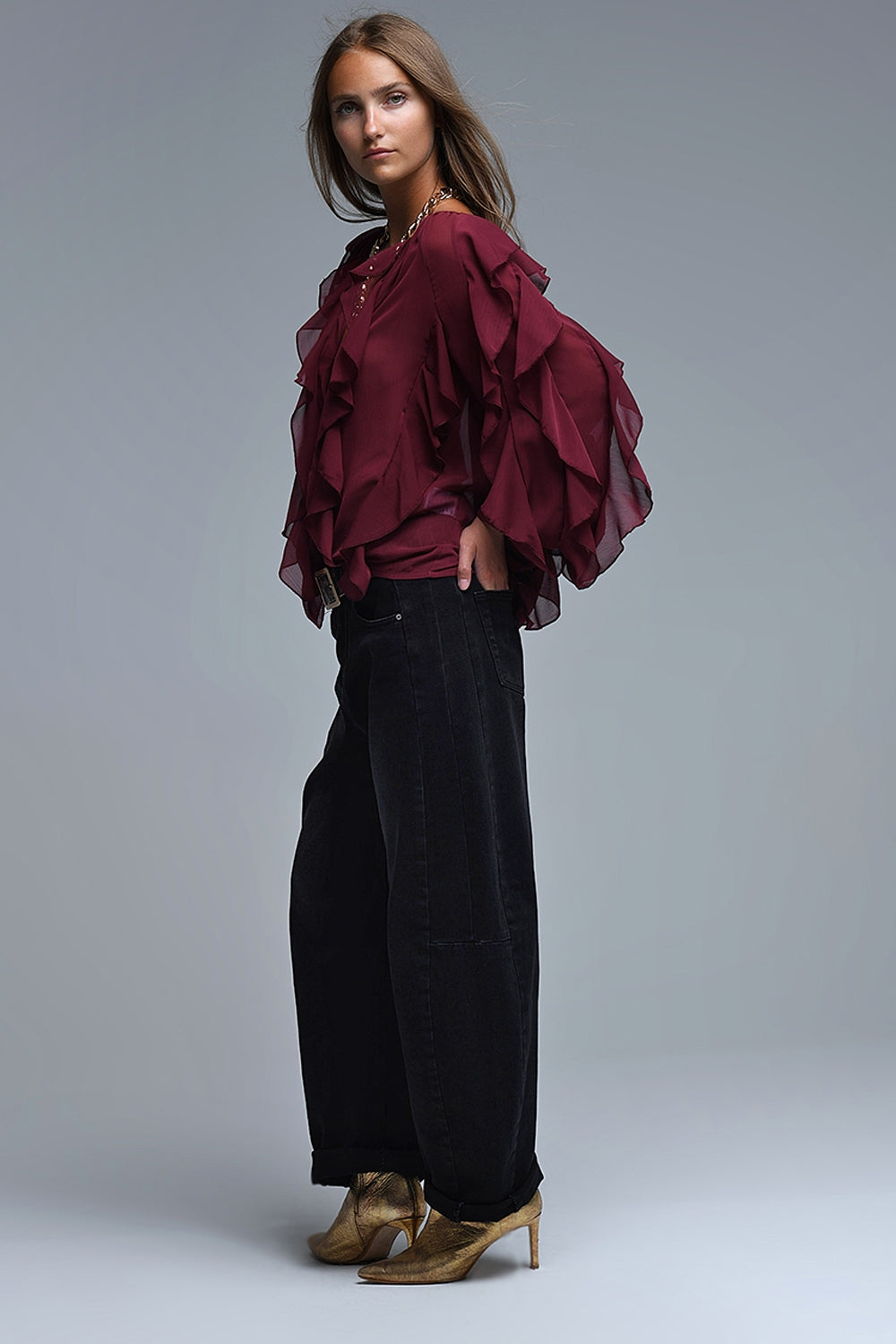 Burgundy V-Neck All Over Ruffle Blouse Q2store