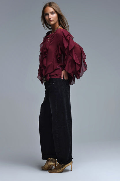 Burgundy V-Neck All Over Ruffle Blouse Q2store