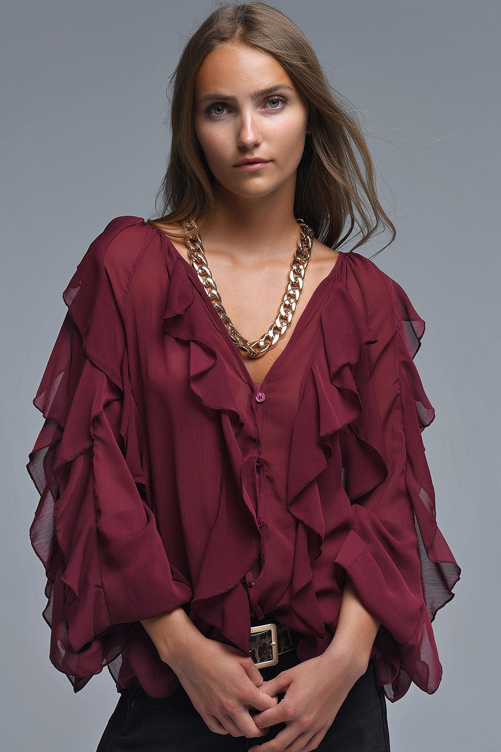 Burgundy V-Neck All Over Ruffle Blouse Q2store