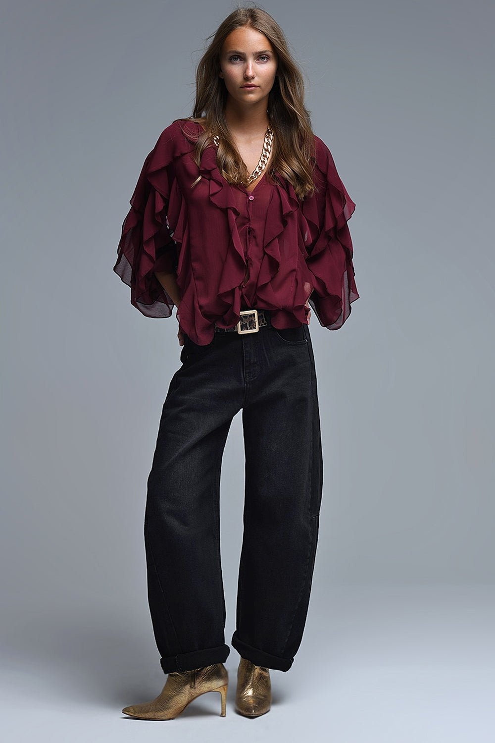 Burgundy V-Neck All Over Ruffle Blouse Q2store