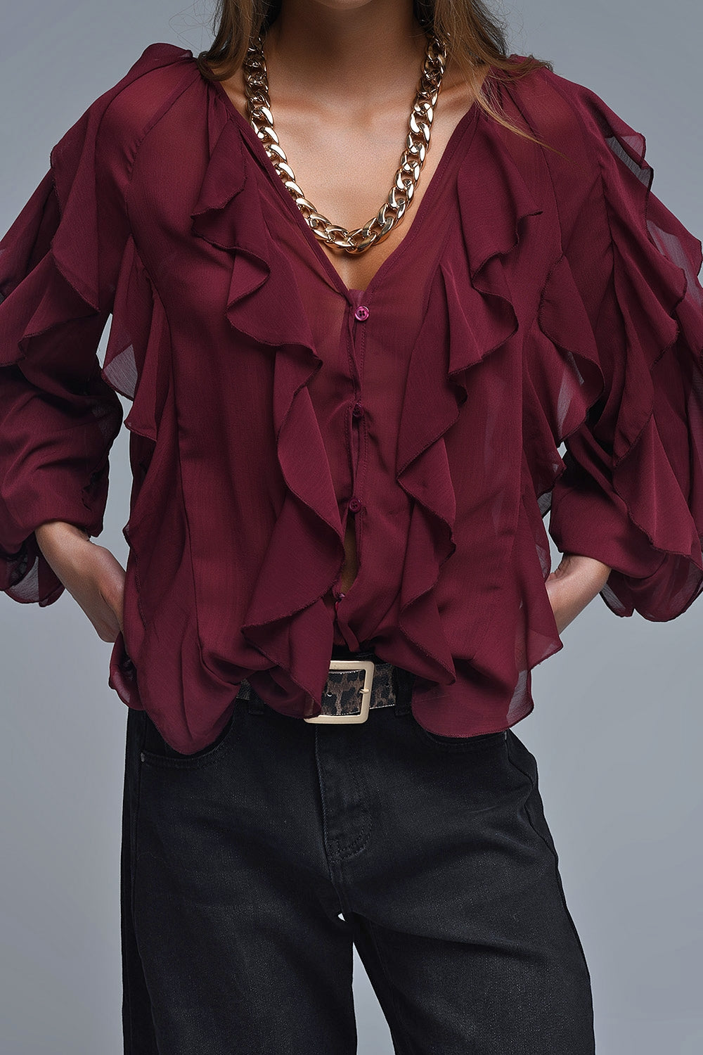 Burgundy V-Neck All Over Ruffle Blouse Q2store