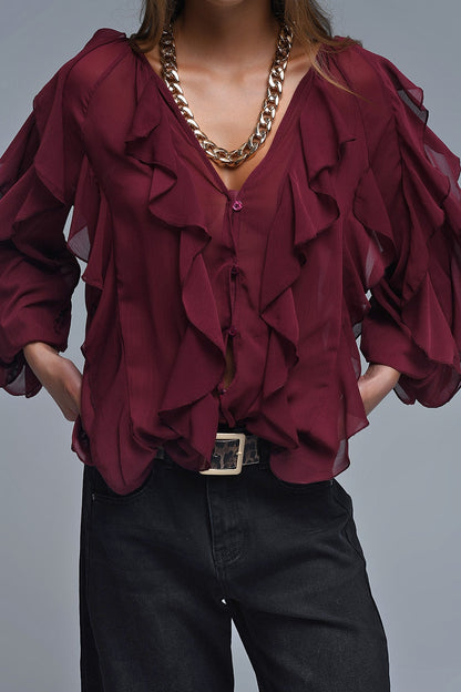 Burgundy V-Neck All Over Ruffle Blouse Q2store