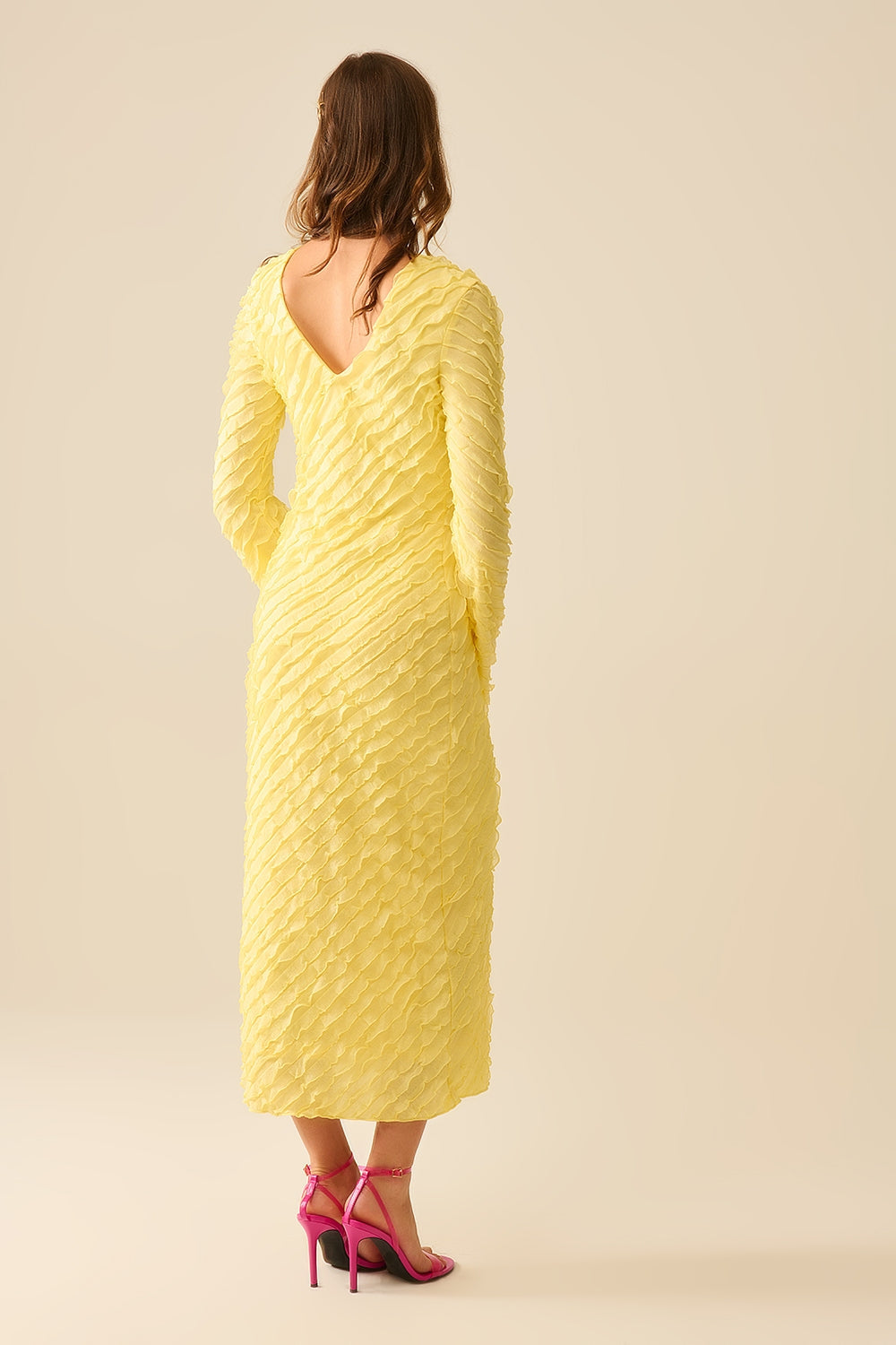 Butter Yellow Maxi Dress With Bias mini Ruffle Design Q2store