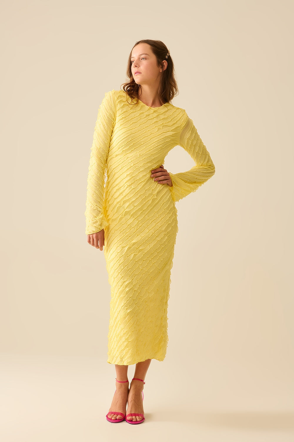 Butter Yellow Maxi Dress With Bias mini Ruffle Design Q2store