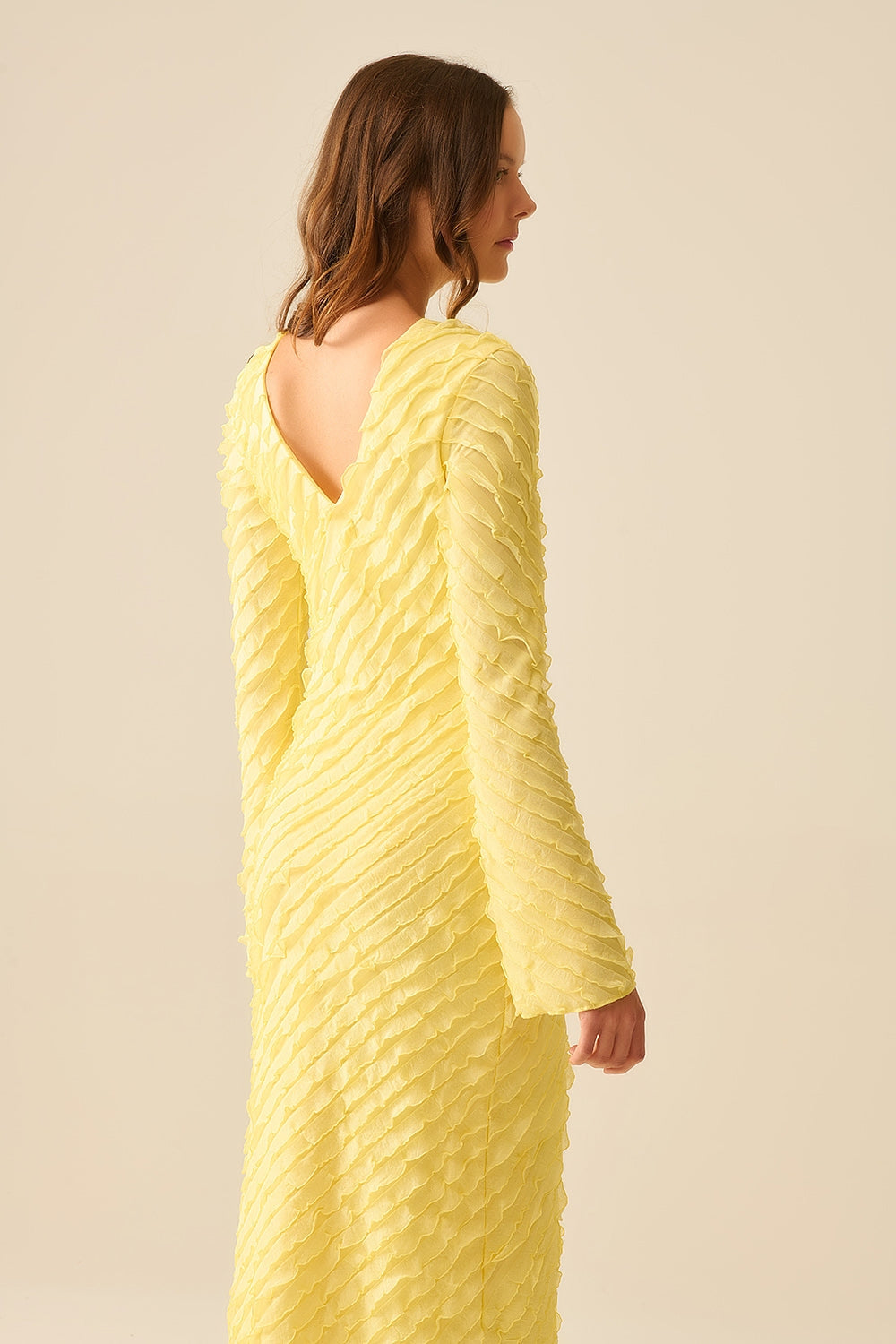 Butter Yellow Maxi Dress With Bias mini Ruffle Design Q2store