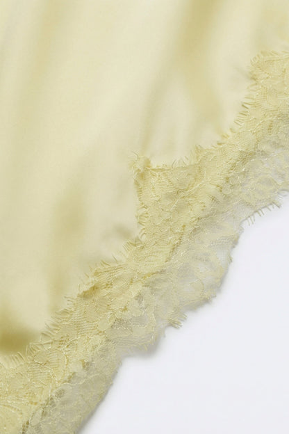 Butter Yellow Satin Handkerchief Skirt with Lace Trim Q2store