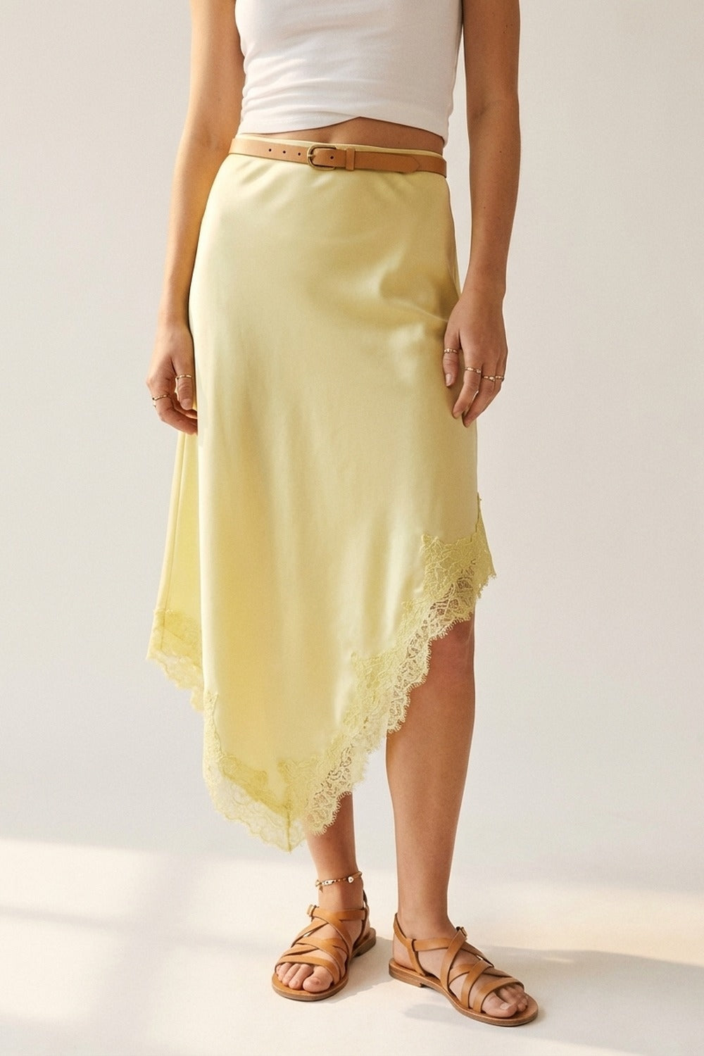 Butter Yellow Satin Handkerchief Skirt with Lace Trim Q2store