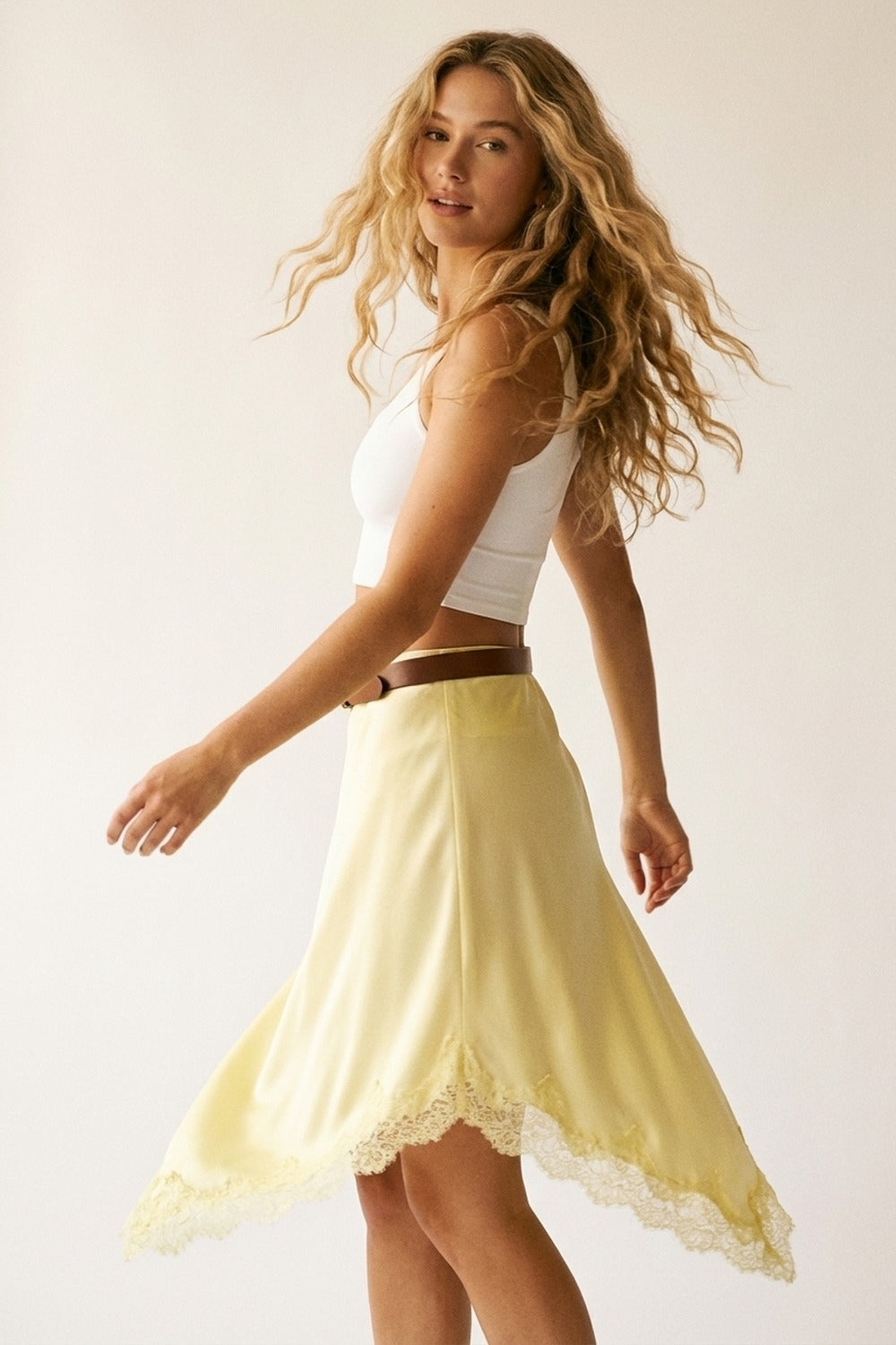 Butter Yellow Satin Handkerchief Skirt with Lace Trim Q2store