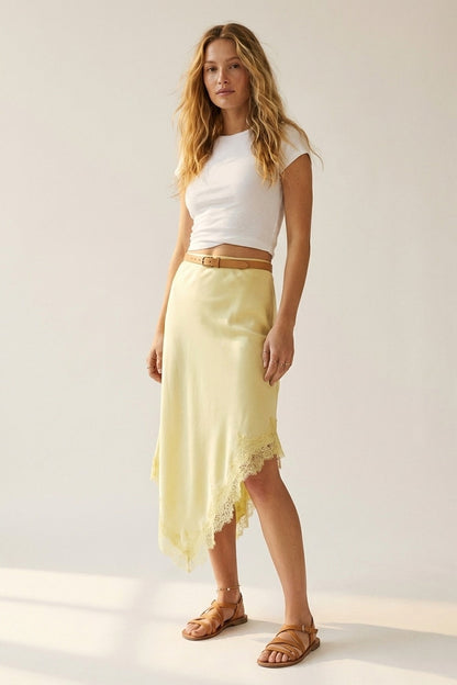 Butter Yellow Satin Handkerchief Skirt with Lace Trim Q2store