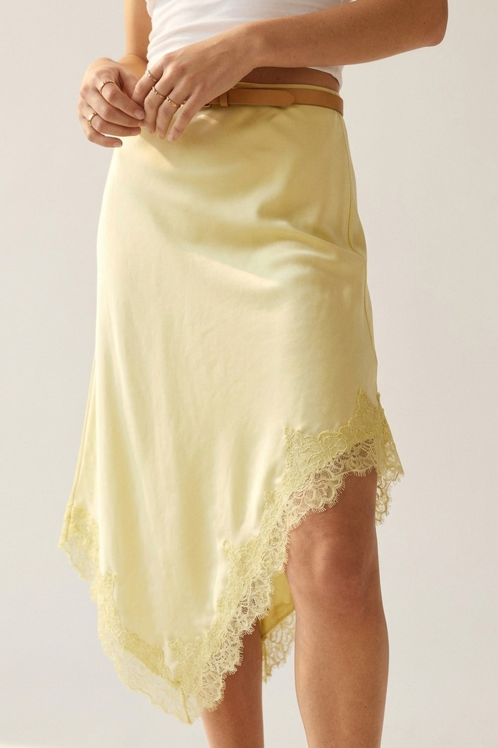 Butter Yellow Satin Handkerchief Skirt with Lace Trim Q2store