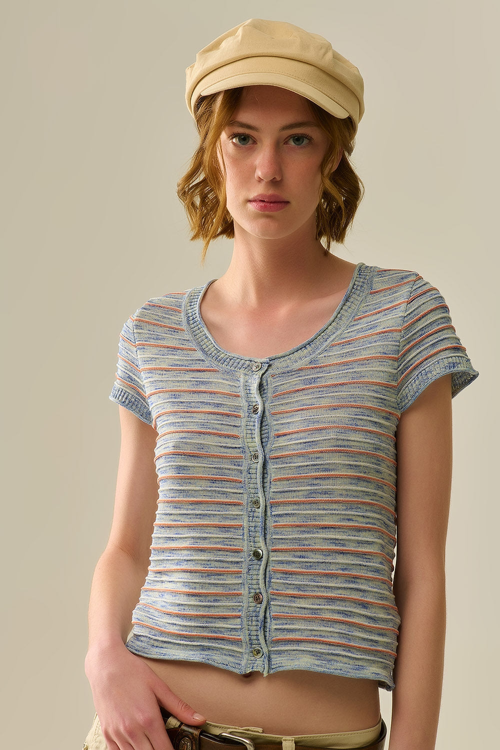 Buttoned Sweater In Blue Featuring Orange Stripes Q2store