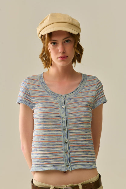 Buttoned Sweater In Blue Featuring Orange Stripes Q2store