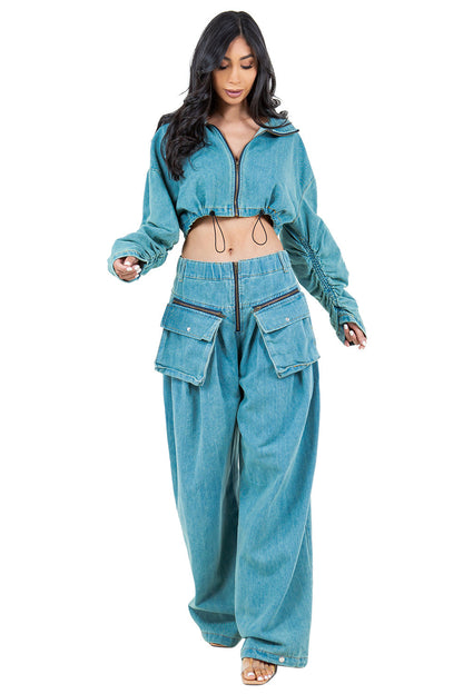 WOMEN FASHION DENIM TWO PIECE PANT SET BY CLAUDE