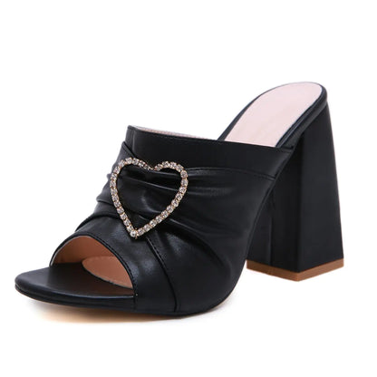 Thick-Heeled Rhinestone Sandals and Slippers