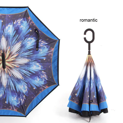 C Handle Windproof Reverse Folding Umbrella Man Women Sun Rain Car Inverted Umbrellas