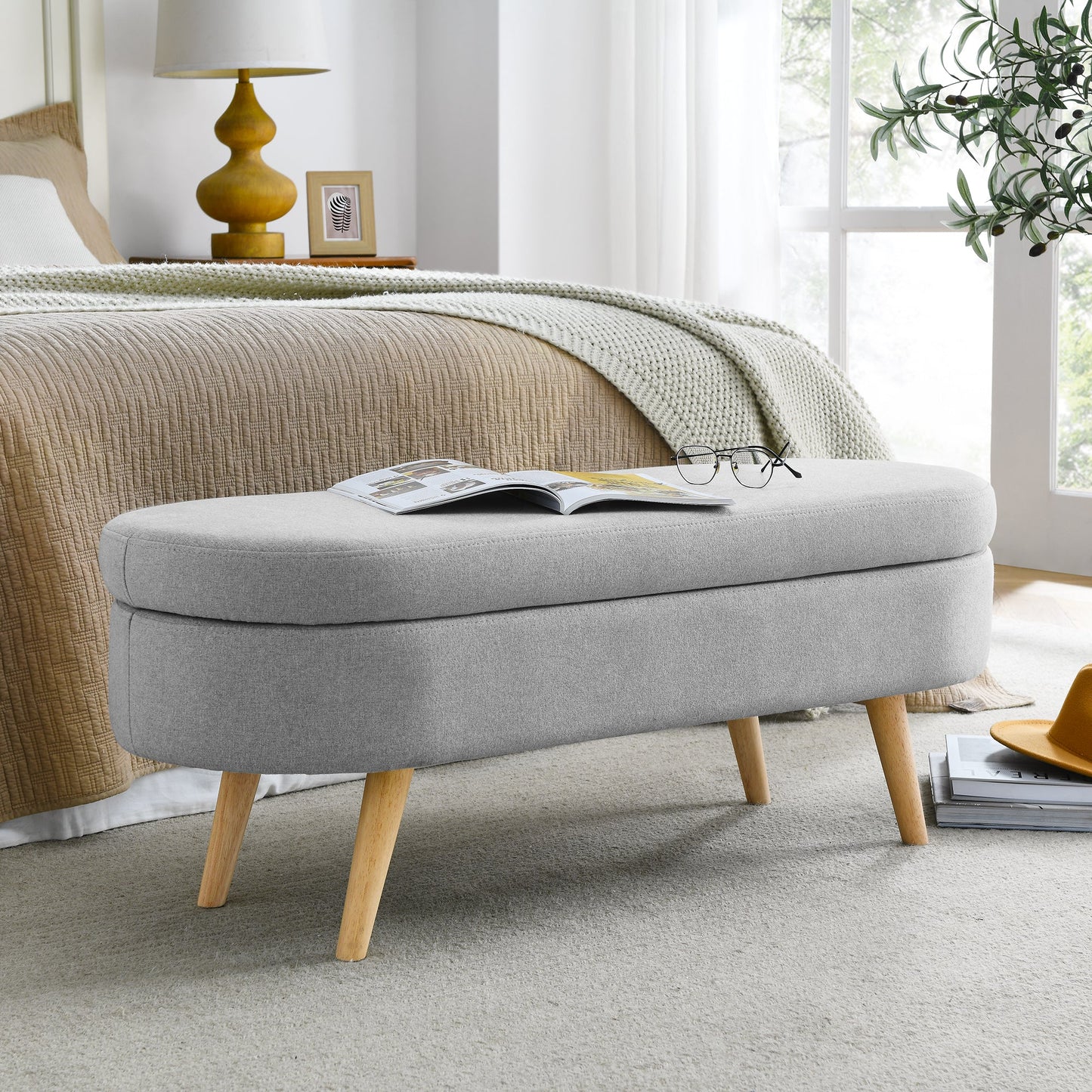 Ottoman Oval Storage Bench Rubber Wood Legs Grey(43.5"x16"x16")