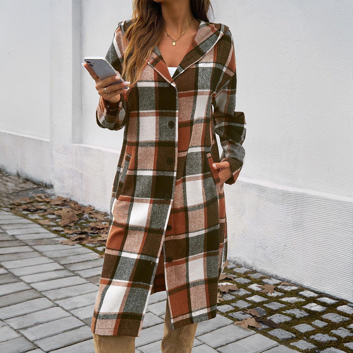Contrasting Color Hooded Jacket – Stylish Cowgirl Outerwear with Checkered Pattern Country in My Heart