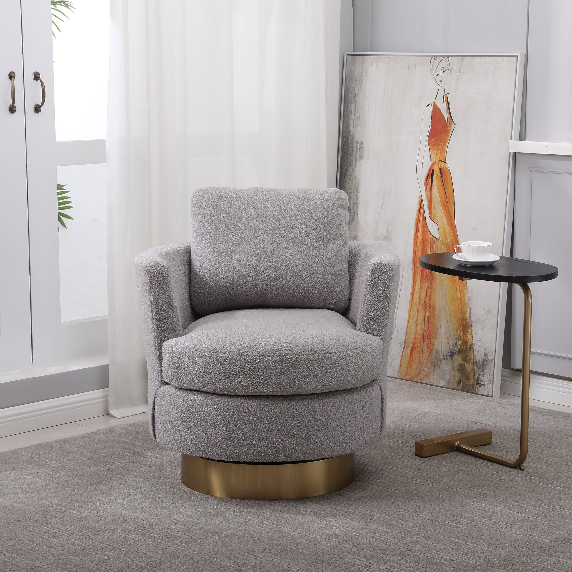 Teddy Rotating Bucket Chair Rotating Emphasis Chair Living Room Armchair Gold Stainless Steel Base Round Bucket Chair (Gray) V.I.P Digital Presence
