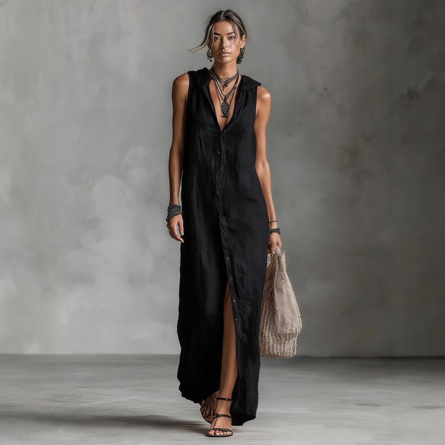 Women's Sleeveless Deep V-Neck Hooded Loose Maxi Dress – 6 Colors XS–3XL FitiqueFit