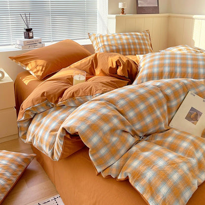 Cotton Dyed Washed Cotton Bedding Set Pure Cotton A Class Flat Sheet Quilt Cover Fitted Sheet Quilt Cover Three-Piece Set Striped