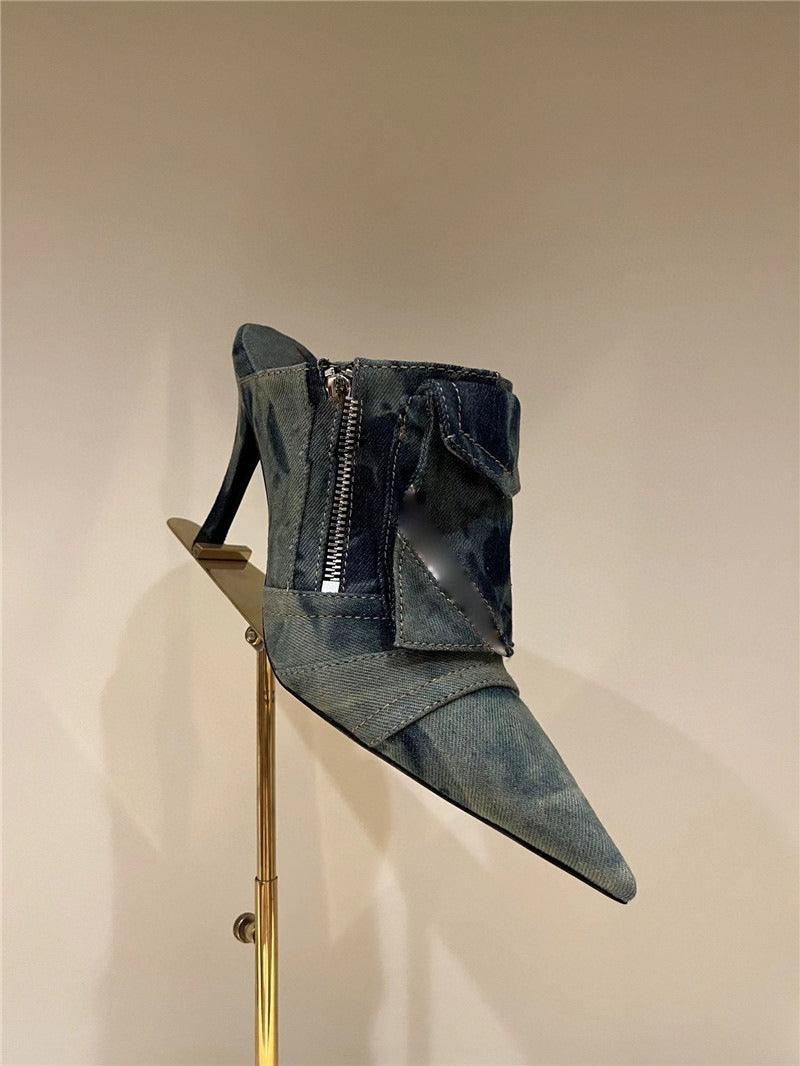 Women Pocket Denim Pointed Toe Heeled Ankle Boots Country in My Heart