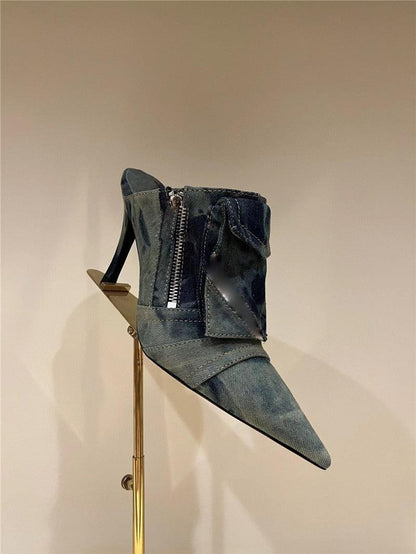 Women Pocket Denim Pointed Toe Heeled Ankle Boots Country in My Heart