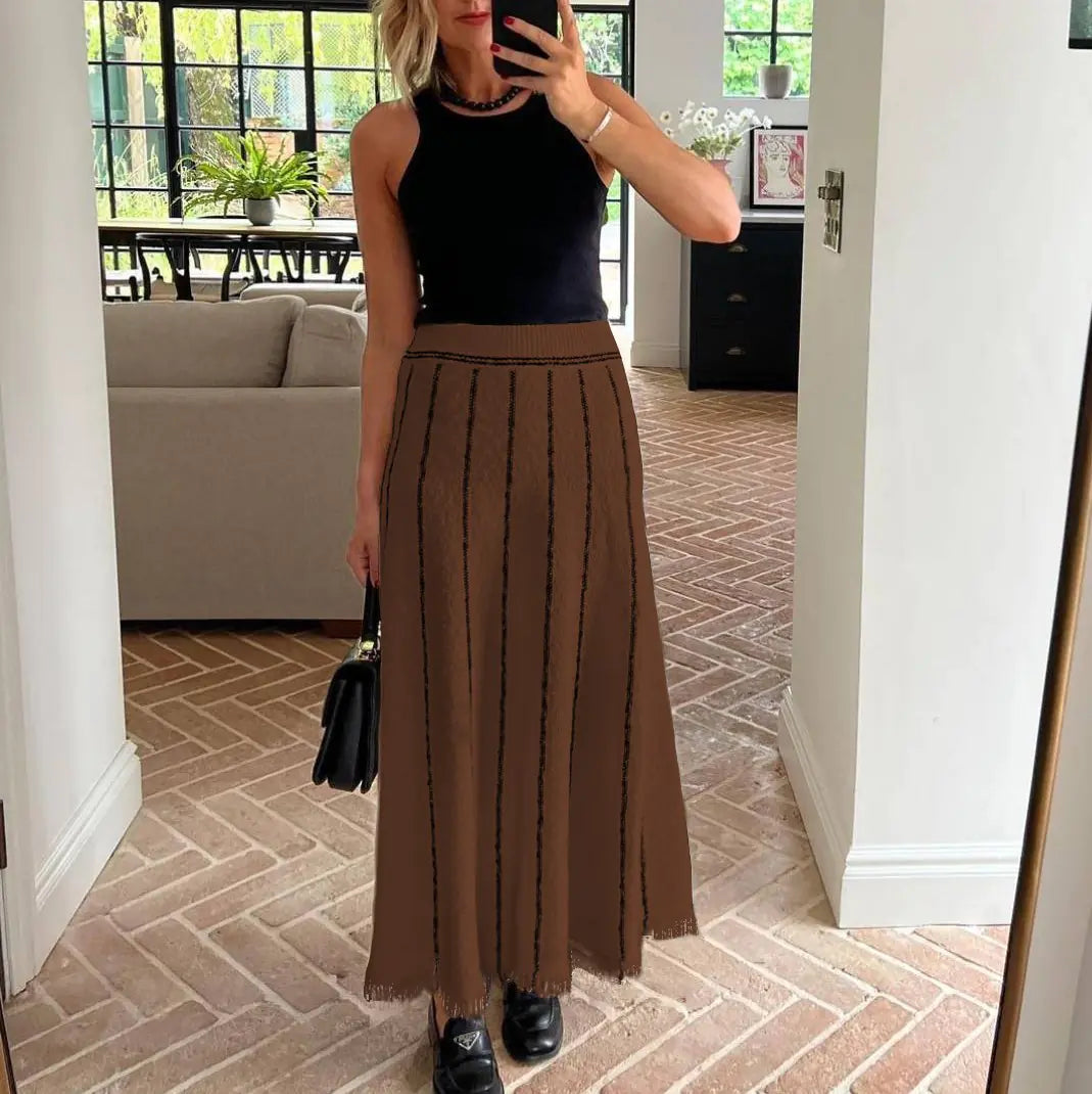 Striped Knitted Skirt with Tassels for Women