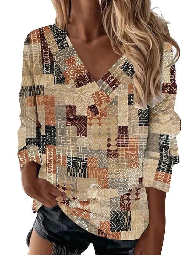 Boho Western V-Neck Long Sleeved Top – Stylish Cowgirl Fashion with Geometric Patterns Country in My Heart