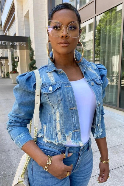 Chic Distressed Denim Puffy Sleeves Jacket – Fashionable Cropped Jean Jacket Country in My Heart