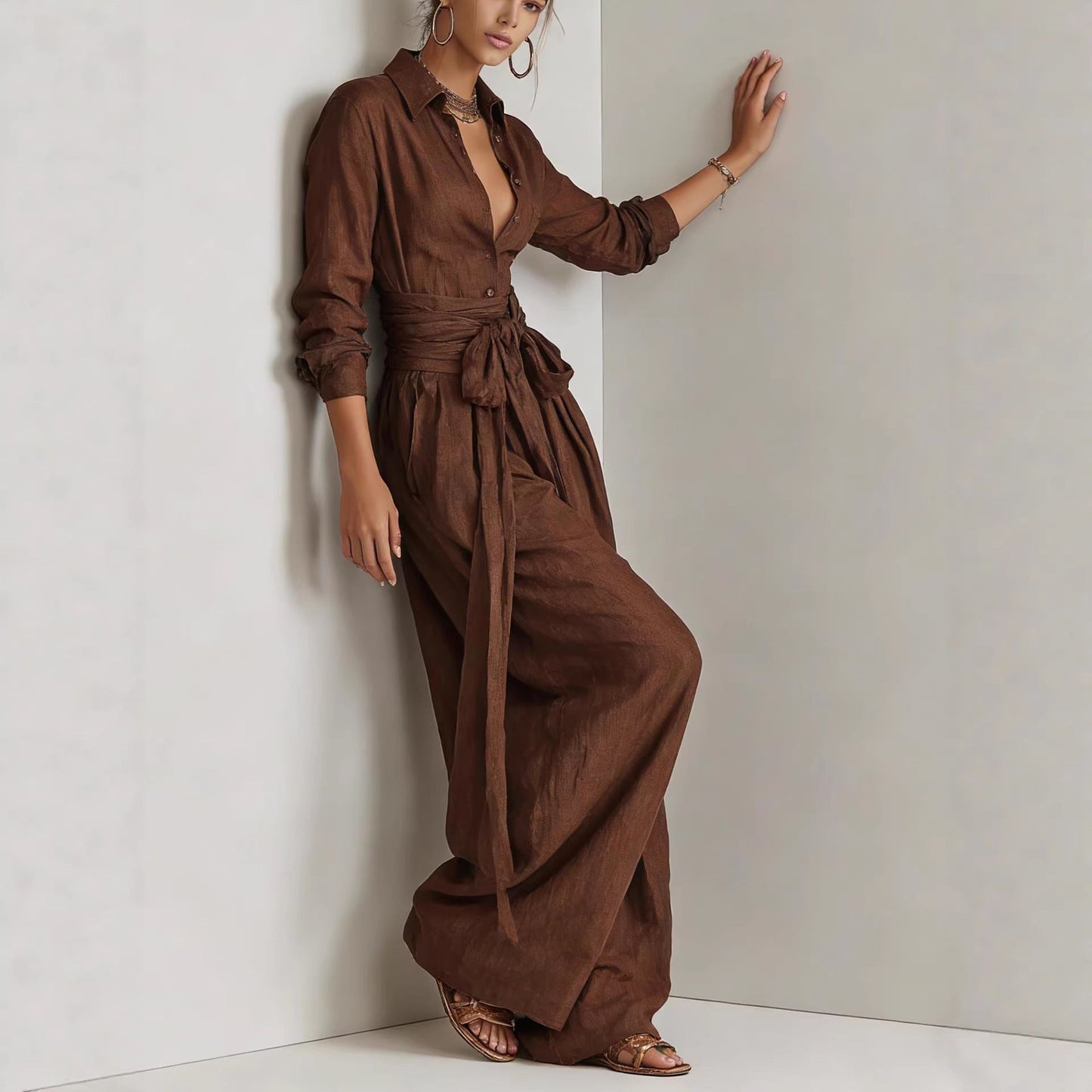 Women's Collar Long Sleeve Top & High-Waist Pants Two-Piece Set – 5 Colors FitiqueFit