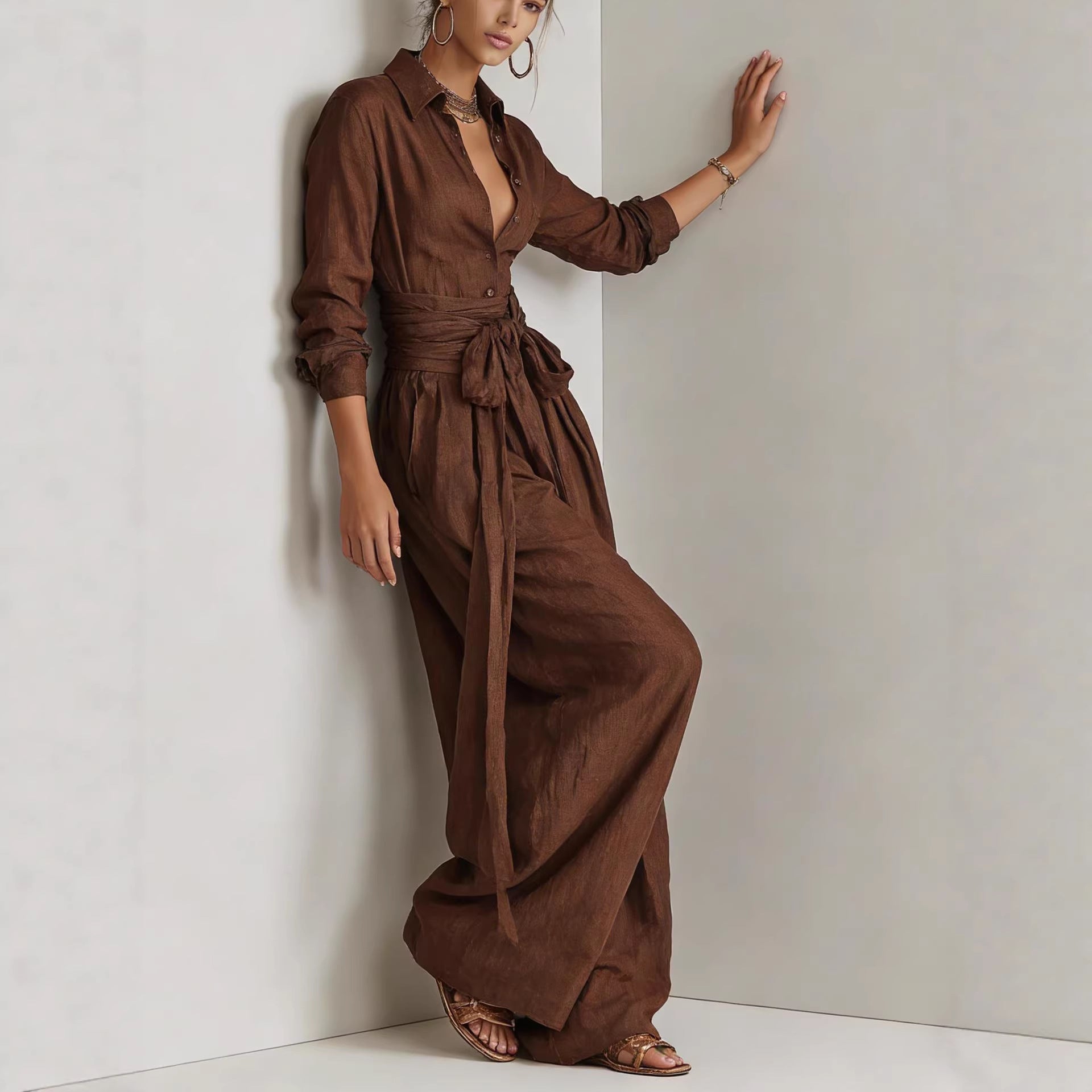 Women's Collar Long Sleeve Top & High-Waist Pants Two-Piece Set – 5 Colors FitiqueFit