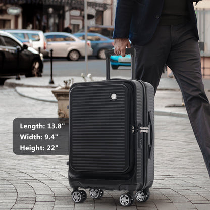Carry-on Luggage 20 Inch Front Open Luggage Lightweight Suitcase with Front Pocket and USB Port, 1 Portable Carrying Case Black
